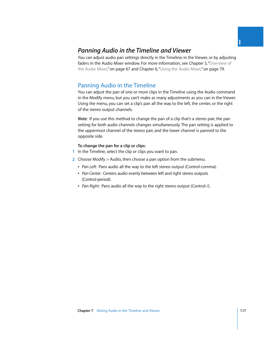 Panning audio in the timeline and viewer, Panning audio in the timeline, Panning | Audio in the timeline, P. 117) | Apple Final Cut Pro 5 User Manual | Page 904 / 1868