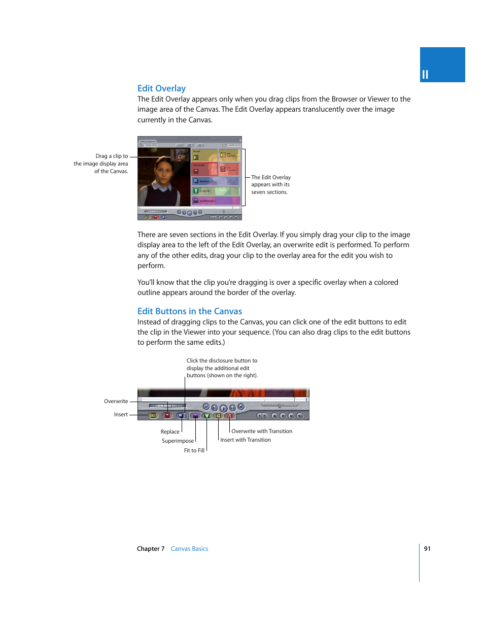 Edit overlay, Edit buttons in the canvas | Apple Final Cut Pro 5 User Manual | Page 92 / 1868