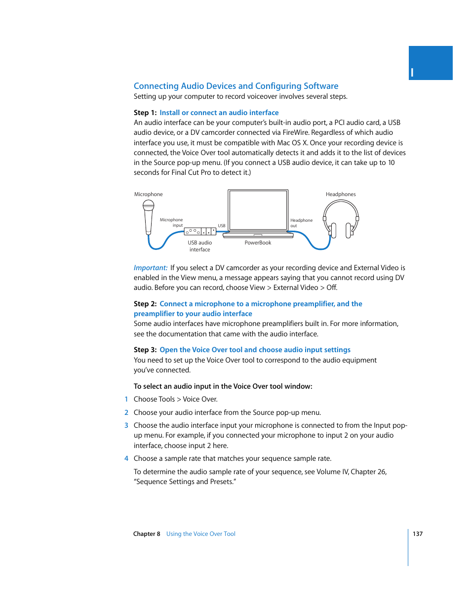 Connecting audio devices and configuring software | Apple Final Cut Pro 5 User Manual | Page 924 / 1868