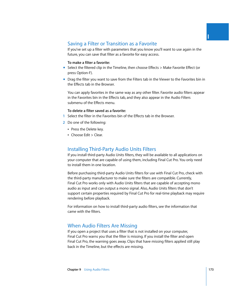 Saving a filter or transition as a favorite, Installing third-party audio units filters, When audio filters are missing | P. 173) | Apple Final Cut Pro 5 User Manual | Page 960 / 1868