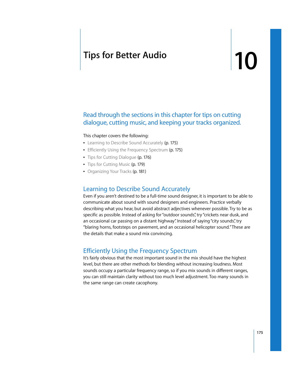 Tips for better audio, Learning to describe sound accurately, Efficiently using the frequency spectrum | Chapter 10 | Apple Final Cut Pro 5 User Manual | Page 962 / 1868