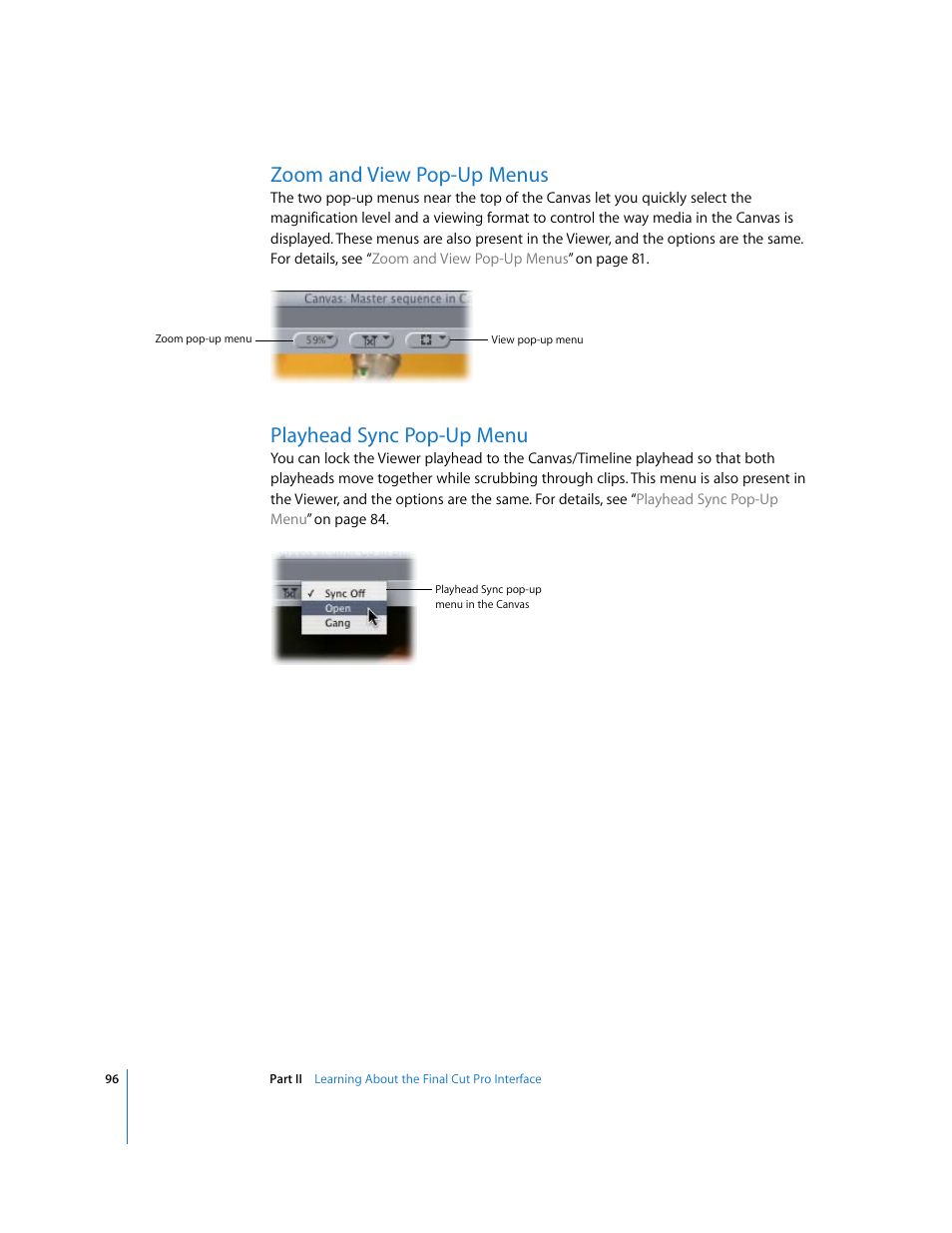 Zoom and view pop-up menus, Playhead sync pop-up menu, P. 96) | Apple Final Cut Pro 5 User Manual | Page 97 / 1868