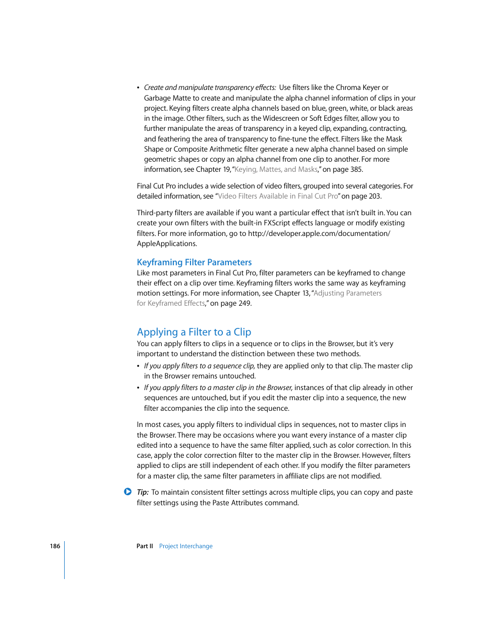 Keyframing filter parameters, Applying a filter to a clip, P. 186) | Apple Final Cut Pro 5 User Manual | Page 973 / 1868