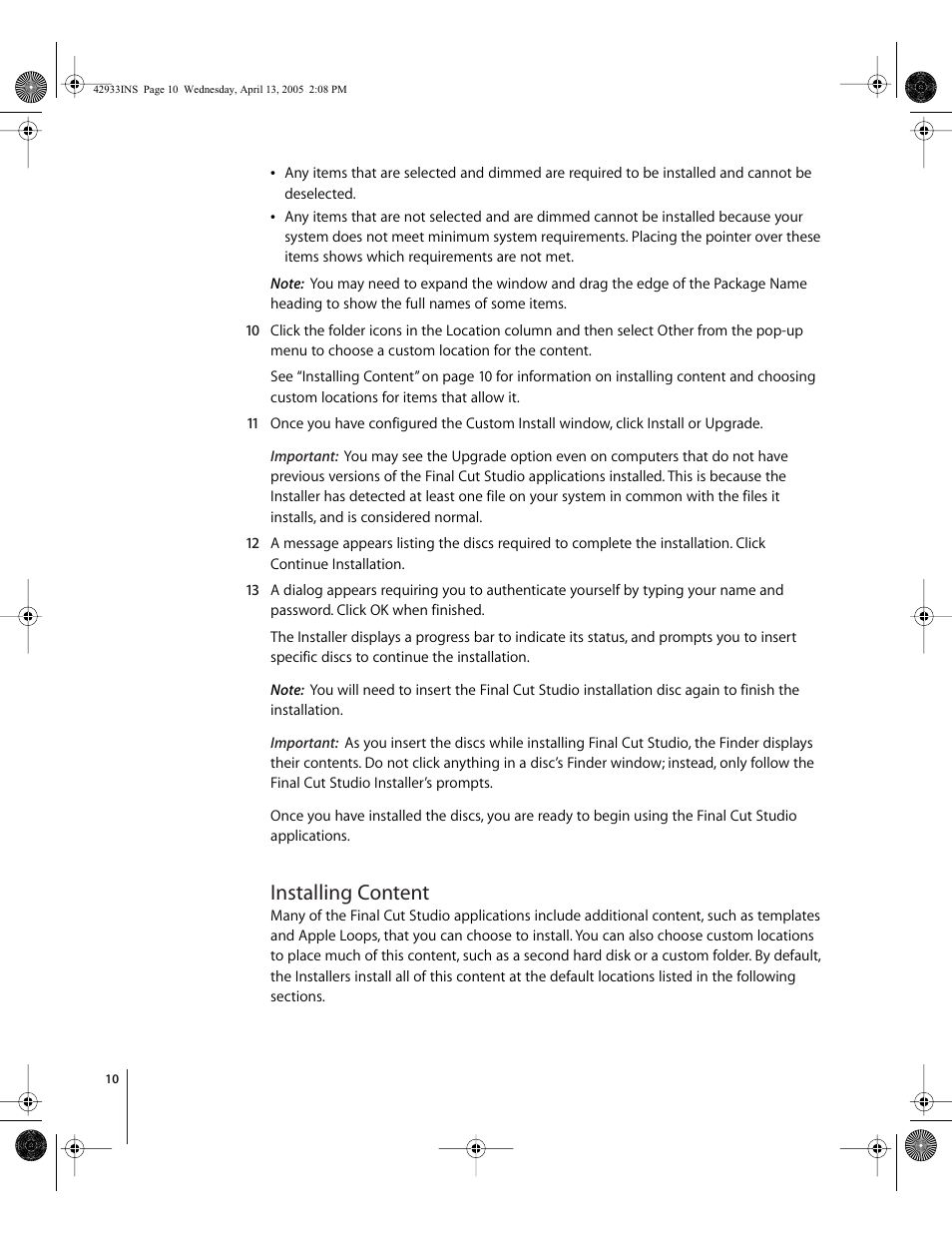 Installing content, Installing content (p. 10) | Apple Installing Your Final Cut Studio Software User Manual | Page 10 / 16