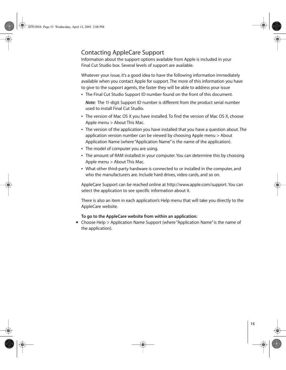 Contacting applecare support, Contacting applecare support (p. 15) | Apple Installing Your Final Cut Studio Software User Manual | Page 15 / 16