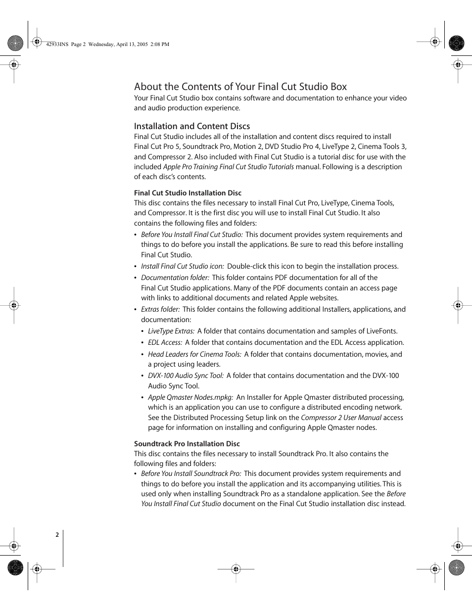 About the contents of your finalcutstudio box, Installation and content discs, About the contents of your final cut studio box | Apple Installing Your Final Cut Studio Software User Manual | Page 2 / 16