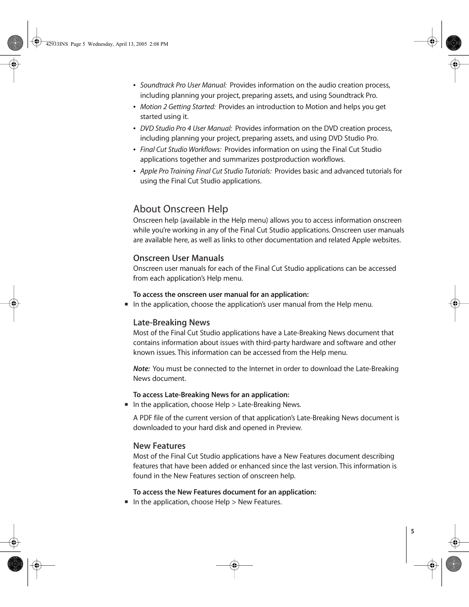 About onscreen help, Onscreen user manuals, Late-breaking news | New features, About onscreen help (p. 5) | Apple Installing Your Final Cut Studio Software User Manual | Page 5 / 16