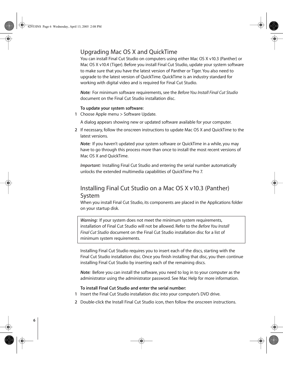 Upgrading macosx and quicktime, Upgrading mac os x and quicktime (p. 6), Upgrading mac os x and quicktime | Apple Installing Your Final Cut Studio Software User Manual | Page 6 / 16