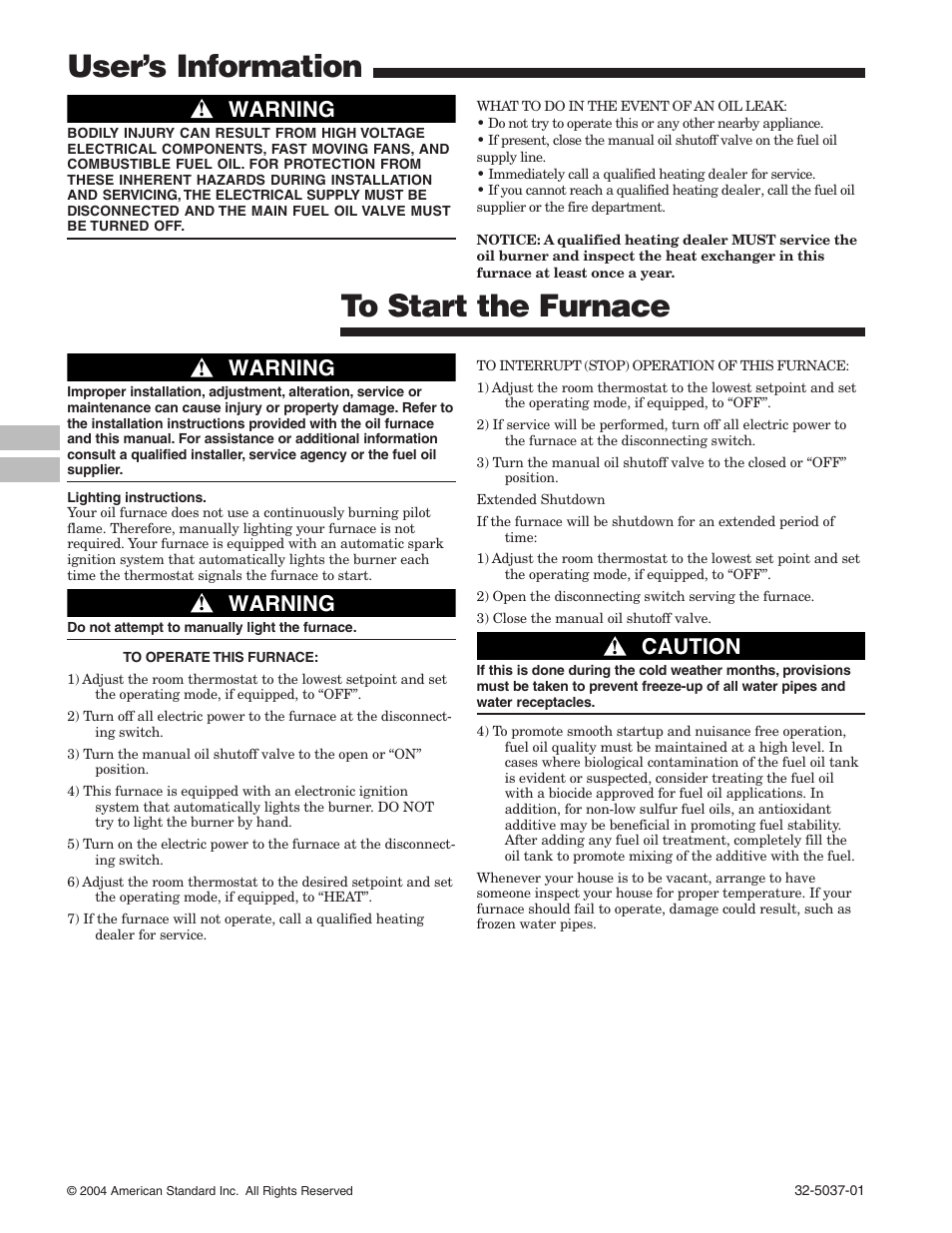To start the furnace, User’s information to start the furnace, Warning | Caution | American Standard 32-5037-01 User Manual | Page 2 / 8