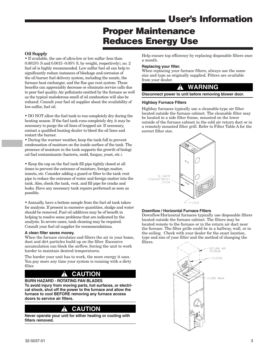User’s information, Proper maintenance reduces energy use, Caution | Warning | American Standard 32-5037-01 User Manual | Page 3 / 8