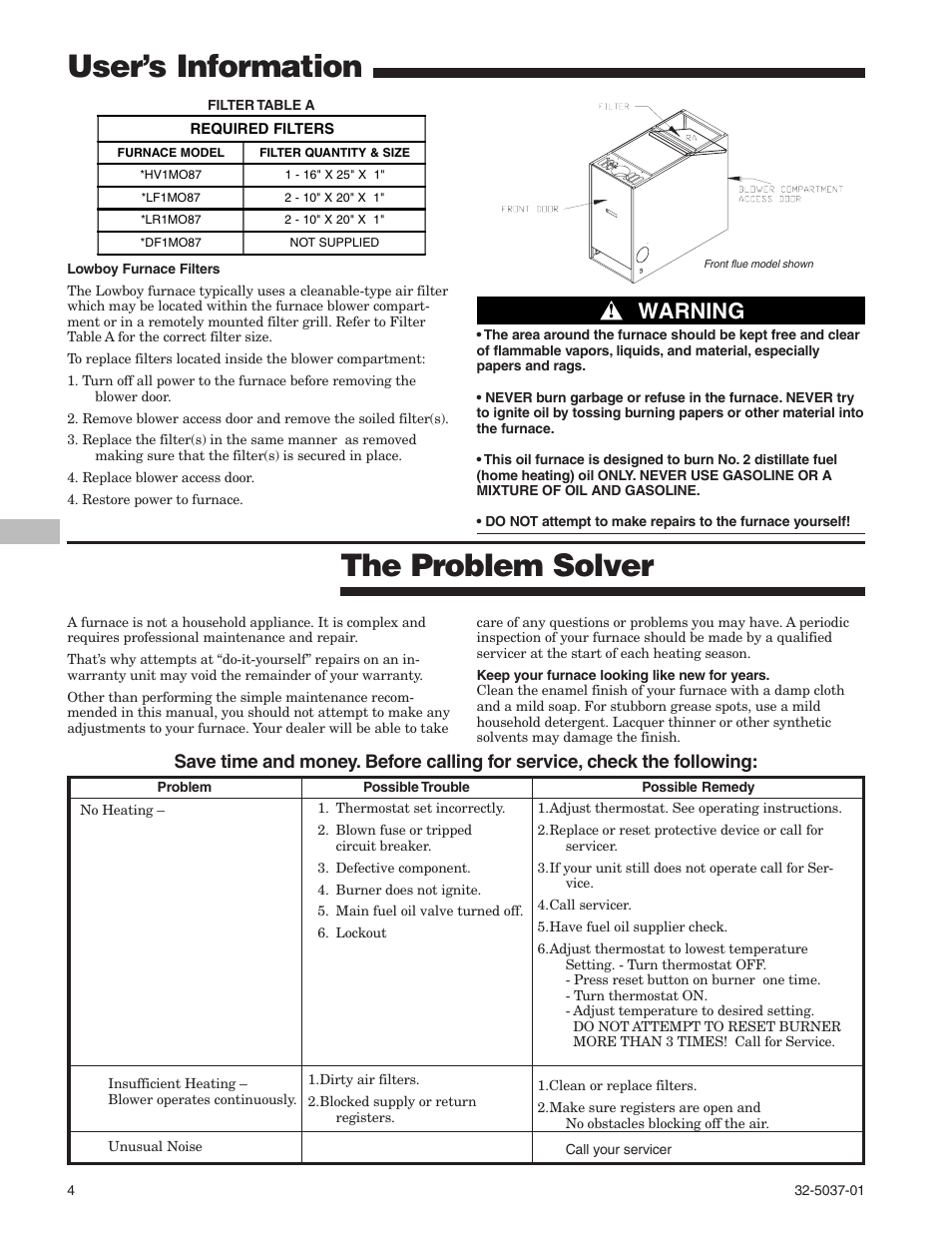 Proper maintenance 3, The problem solver, User’s information | Warning | American Standard 32-5037-01 User Manual | Page 4 / 8