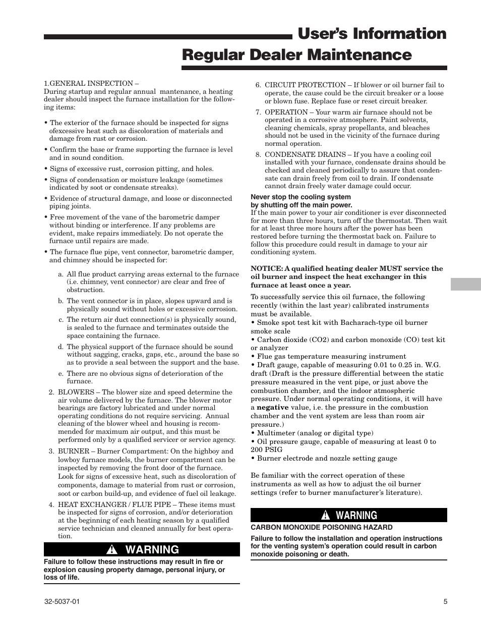 User’s information regular dealer maintenance, Warning | American Standard 32-5037-01 User Manual | Page 5 / 8