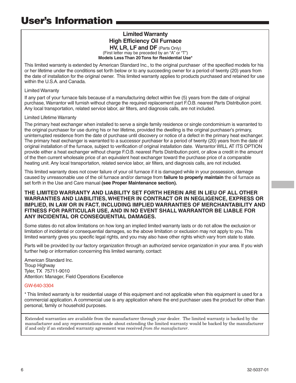 The problem solver, User’s information | American Standard 32-5037-01 User Manual | Page 6 / 8