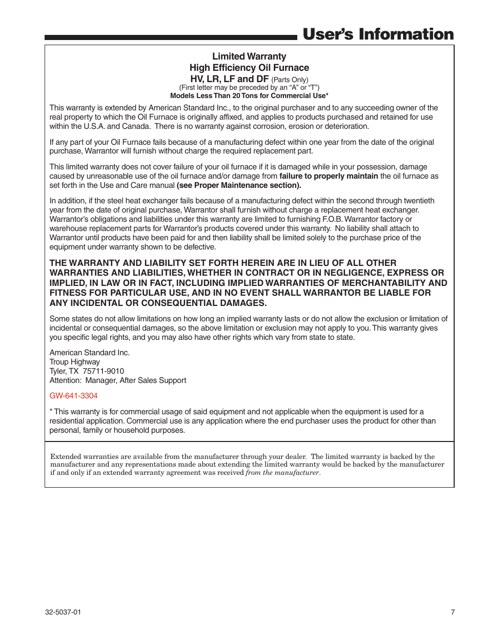 Regular dealer maintenance 5, User’s information | American Standard 32-5037-01 User Manual | Page 7 / 8