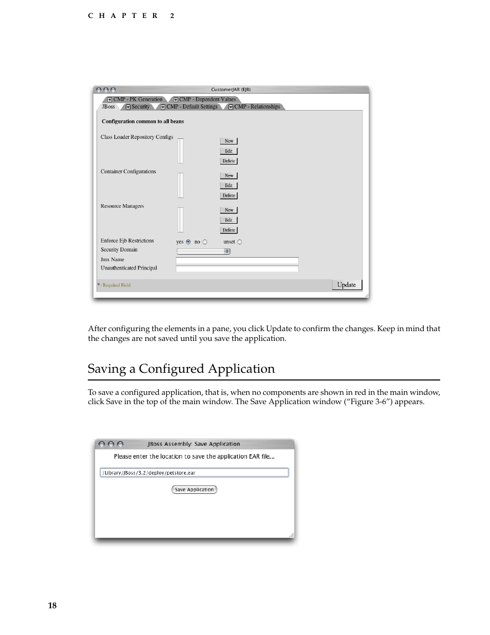 Saving a configured application, Figure 2-5, A module-settings window | Figure 2-6, The save application window of the deployment tool | Apple Mac OS X Server v10.3 User Manual | Page 18 / 56