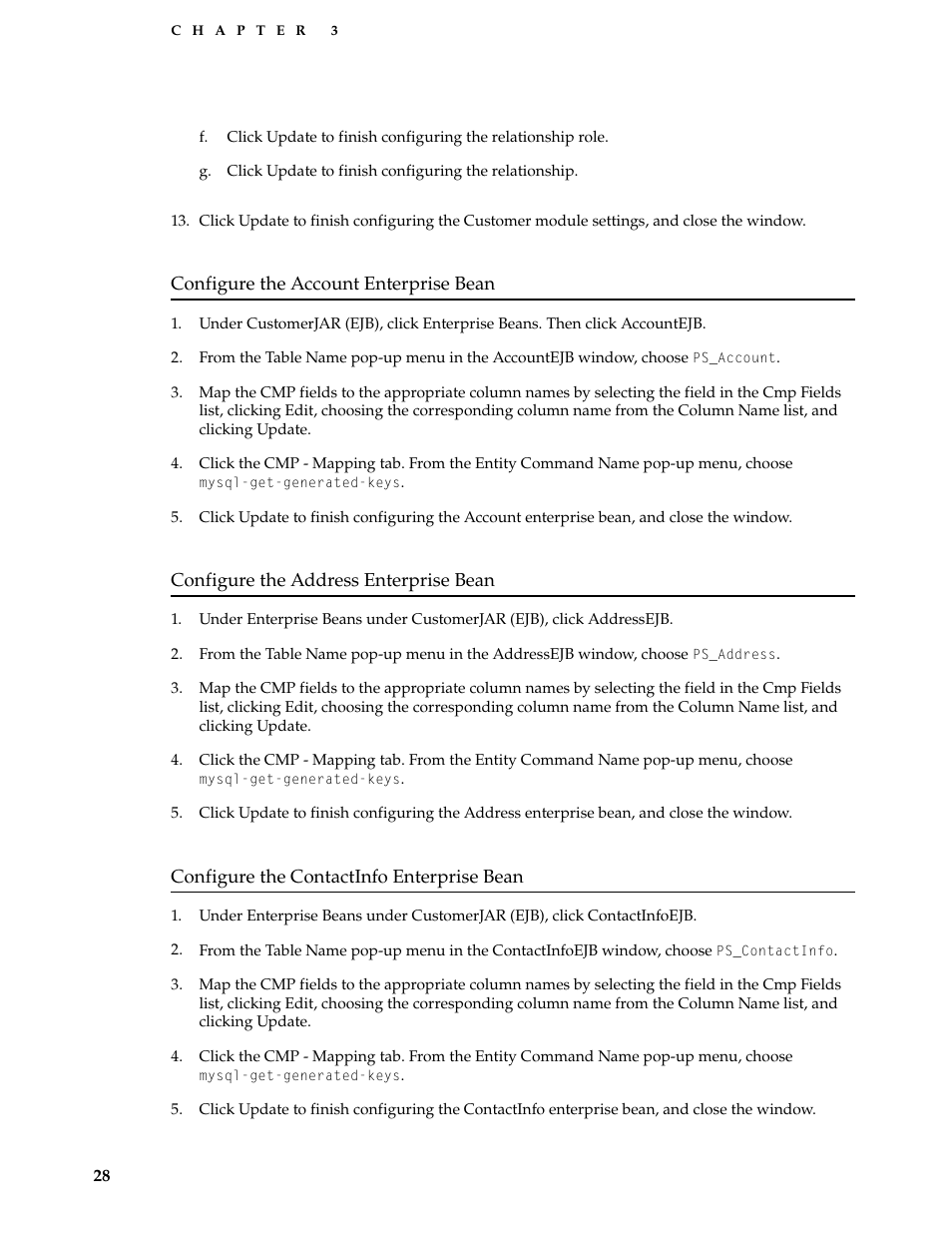 Configure the account enterprise bean, Configure the address enterprise bean, Configure the contactinfo enterprise bean | Apple Mac OS X Server v10.3 User Manual | Page 28 / 56