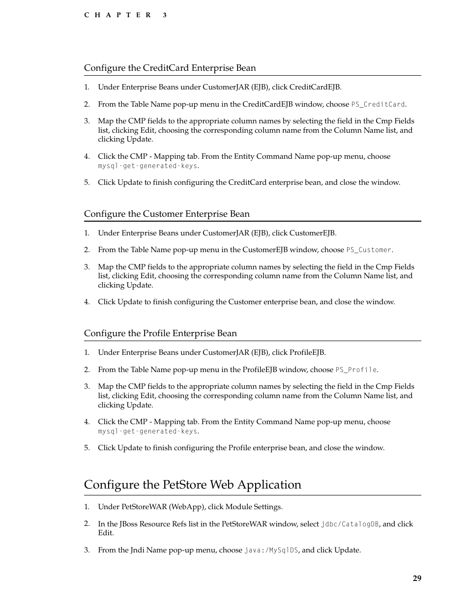 Configure the creditcard enterprise bean, Configure the customer enterprise bean, Configure the profile enterprise bean | Configure the petstore web application | Apple Mac OS X Server v10.3 User Manual | Page 29 / 56