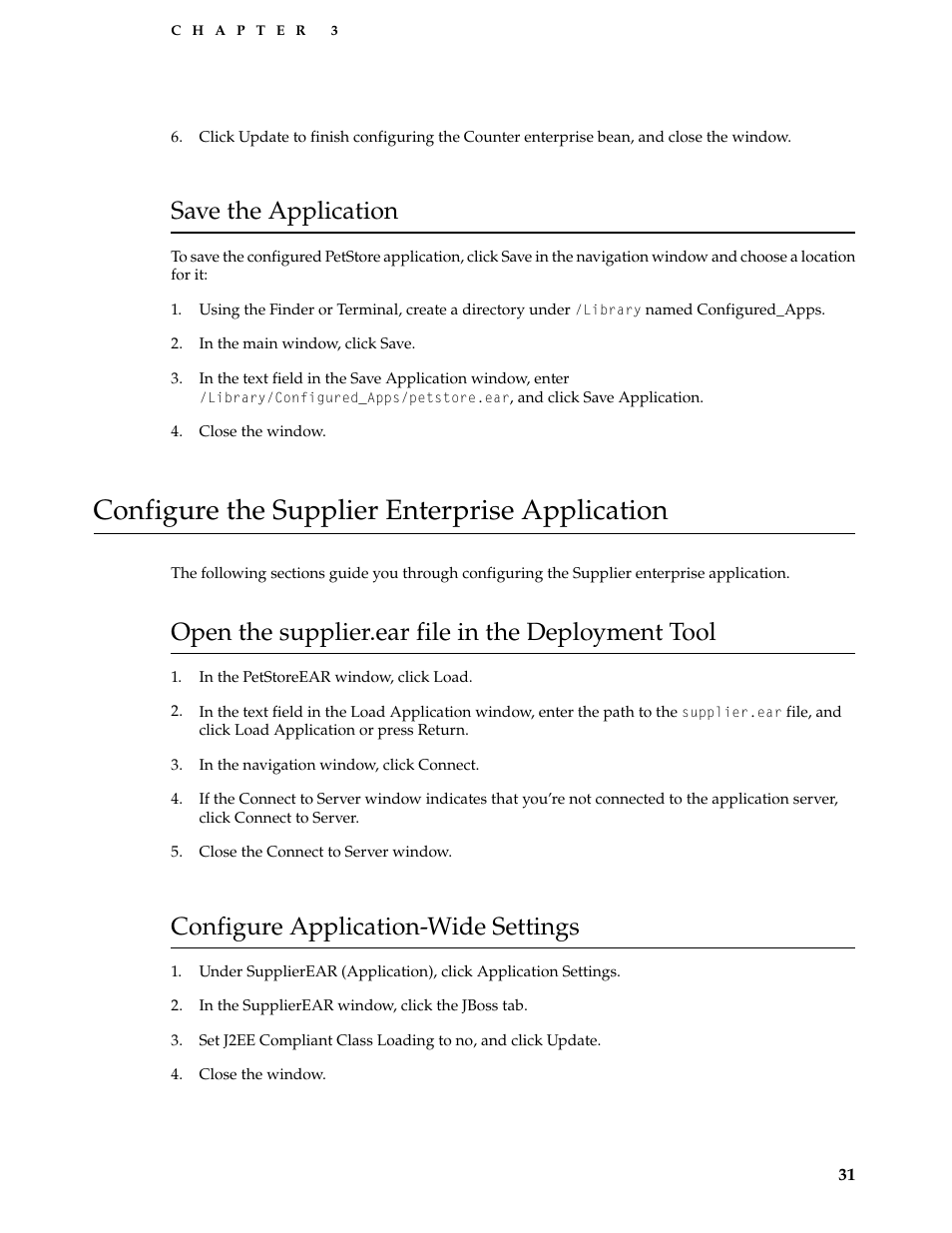 Save the application, Configure the supplier enterprise application, Open the supplier.ear file in the deployment tool | Configure application-wide settings | Apple Mac OS X Server v10.3 User Manual | Page 31 / 56