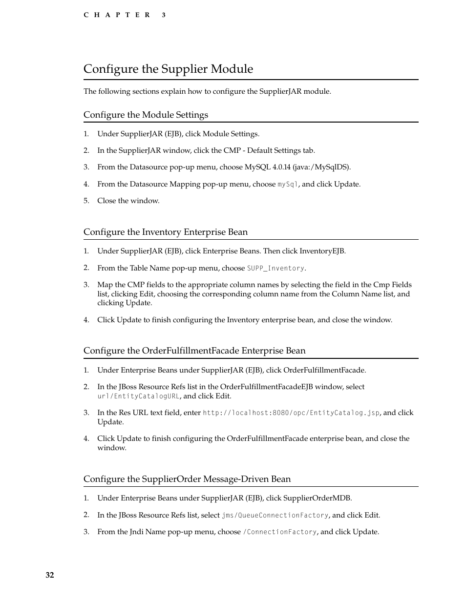 Configure the supplier module, Configure the module settings, Configure the inventory enterprise bean | Configure the supplierorder message-driven bean | Apple Mac OS X Server v10.3 User Manual | Page 32 / 56