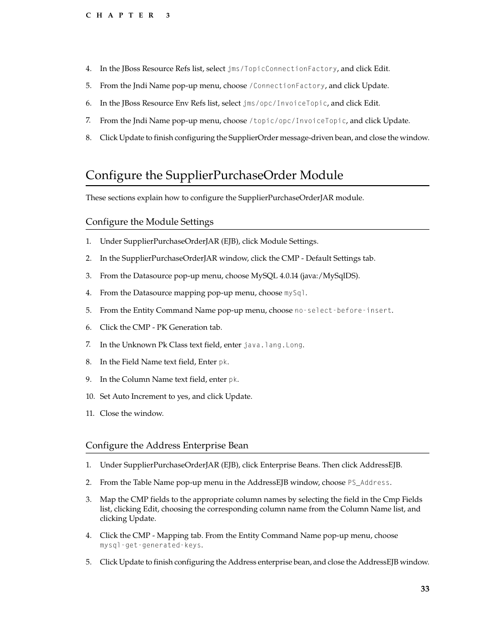 Configure the supplierpurchaseorder module, Configure the module settings, Configure the address enterprise bean | Apple Mac OS X Server v10.3 User Manual | Page 33 / 56