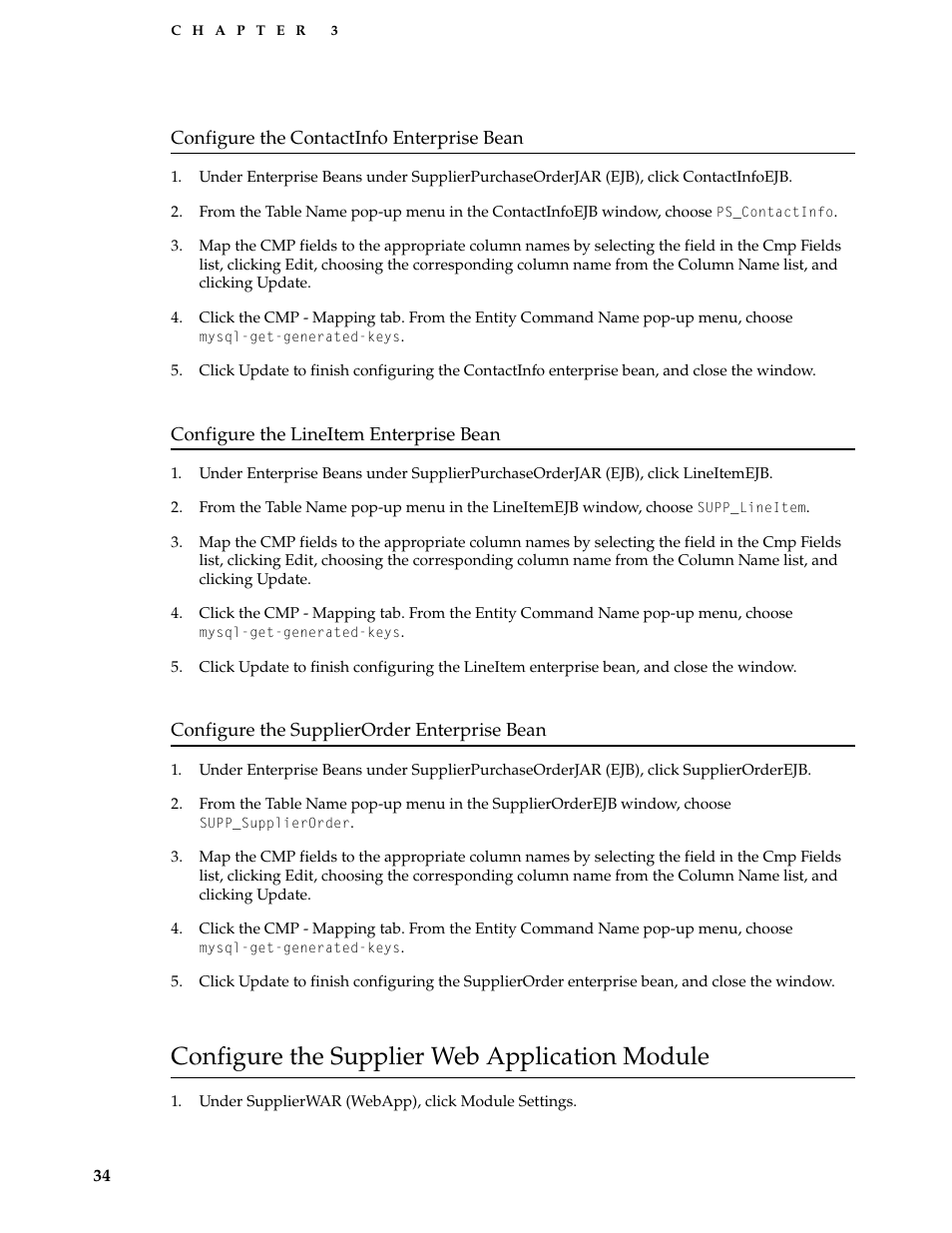 Configure the contactinfo enterprise bean, Configure the lineitem enterprise bean, Configure the supplierorder enterprise bean | Configure the supplier web application module | Apple Mac OS X Server v10.3 User Manual | Page 34 / 56