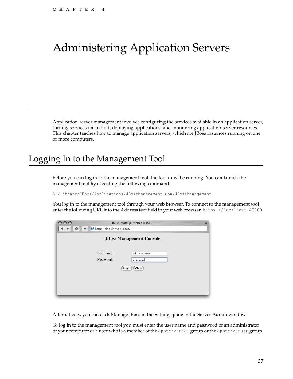 Administering application servers, Logging in to the management tool, Opics. see | Administering application, Servers | Apple Mac OS X Server v10.3 User Manual | Page 37 / 56