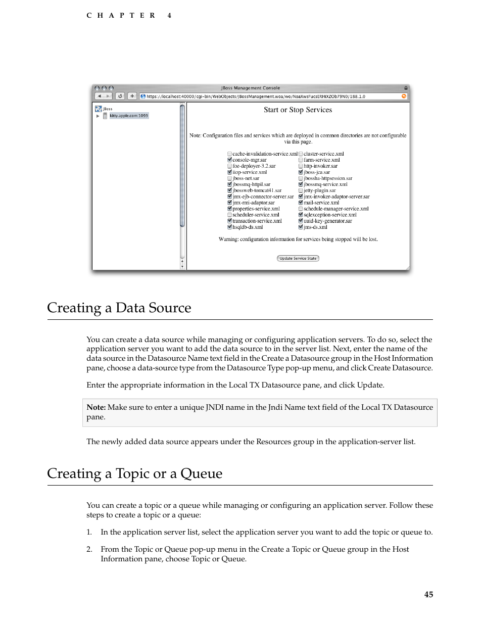 Creating a data source, Creating a topic or a queue, Figure 4-7 | Apple Mac OS X Server v10.3 User Manual | Page 45 / 56