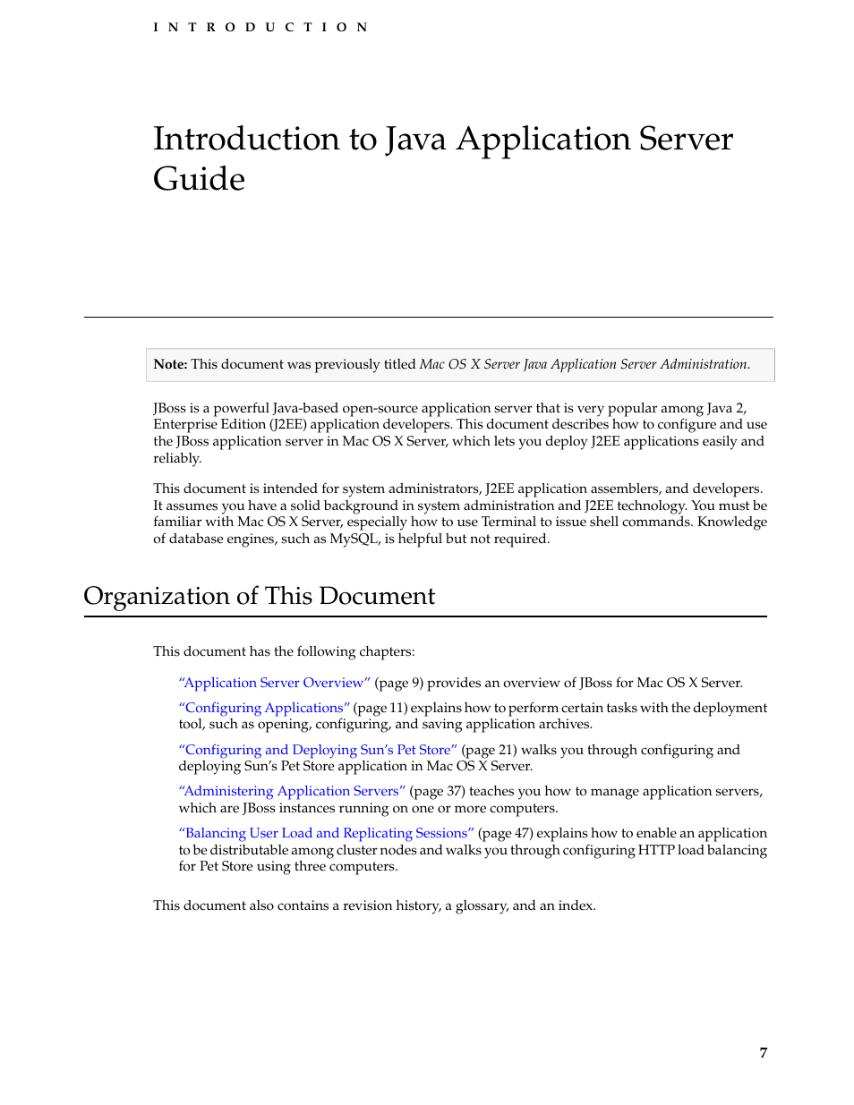 Introduction, Introduction to java application server guide, Organization of this document | Apple Mac OS X Server v10.3 User Manual | Page 7 / 56