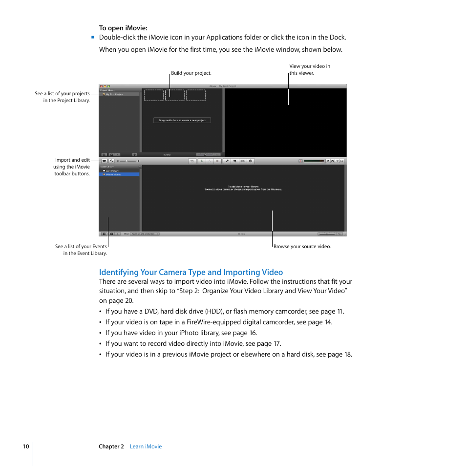 Identifying your camera type and importing video | Apple iMovie '08 User Manual | Page 10 / 50