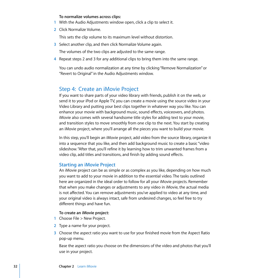 Step 4:create an imovie project, Starting an imovie project, Step 4: create an imovie project | Apple iMovie '08 User Manual | Page 32 / 50