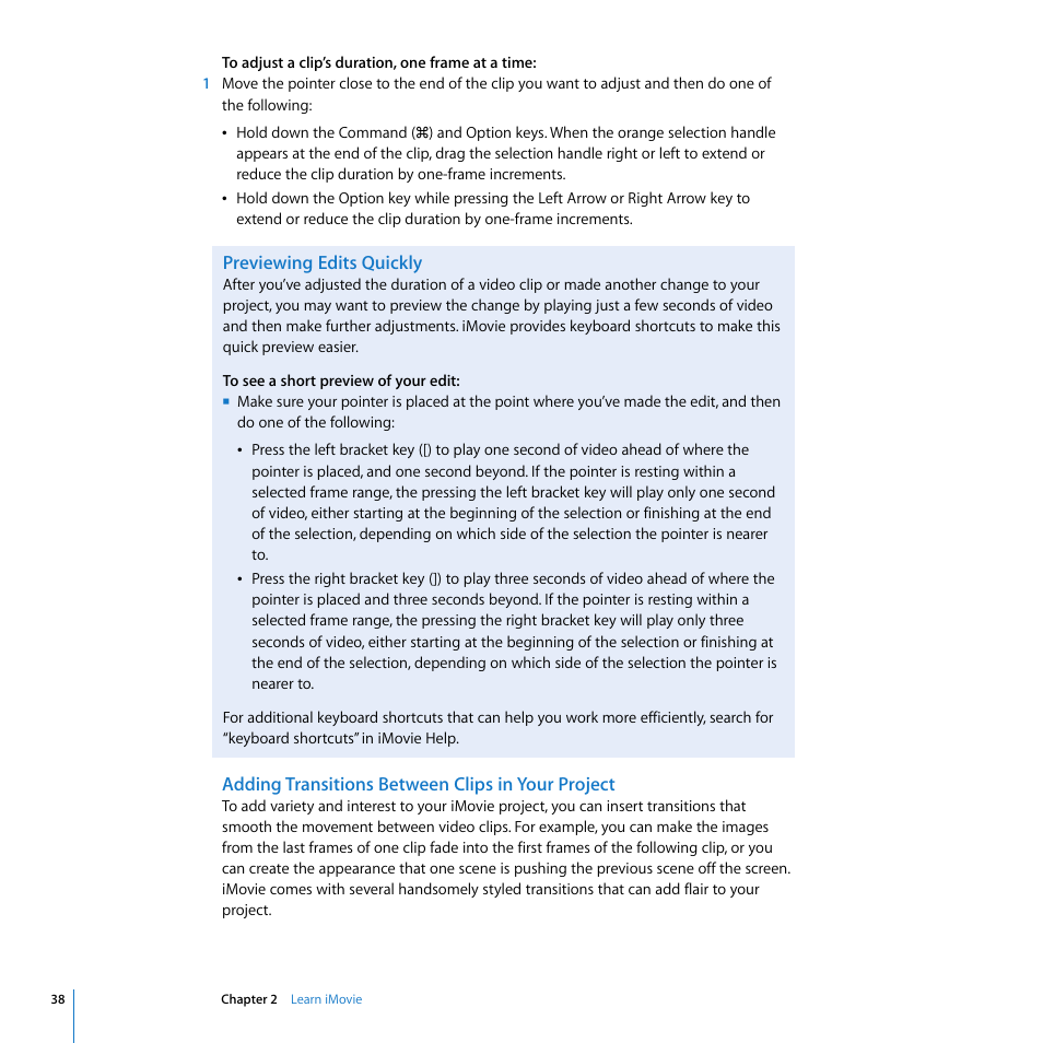 Previewing edits quickly, Adding transitions between clips in your project | Apple iMovie '08 User Manual | Page 38 / 50