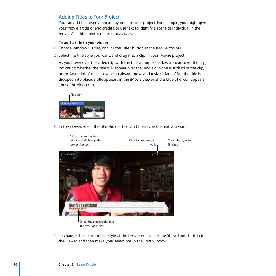 Adding titles to your project | Apple iMovie '08 User Manual | Page 40 / 50