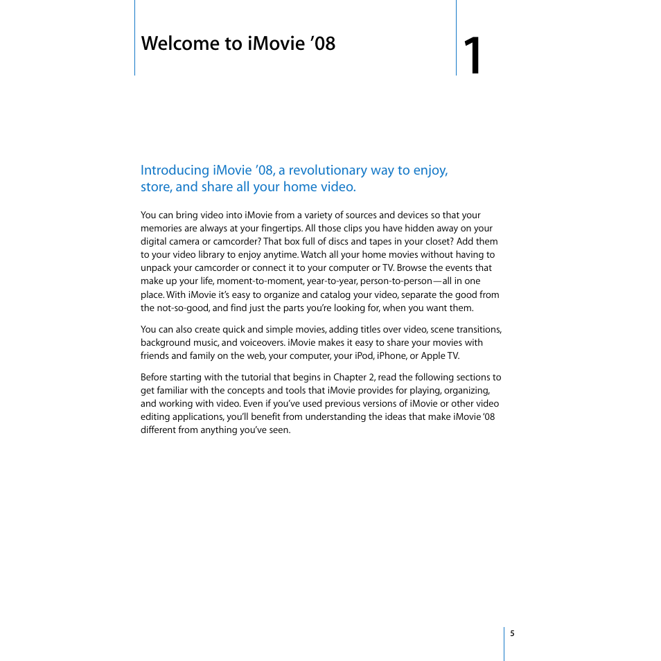 Welcome to imovie ’08, Chapter 1 | Apple iMovie '08 User Manual | Page 5 / 50