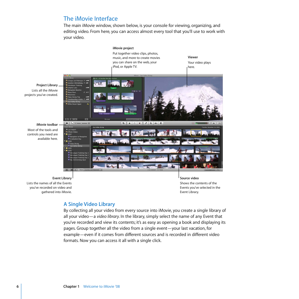 The imovie interface, A single video library | Apple iMovie '08 User Manual | Page 6 / 50