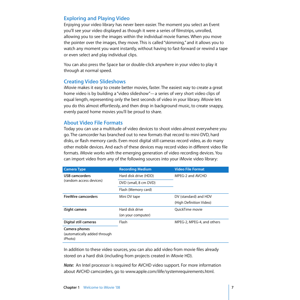 Exploring and playing video, Creating video slideshows, About video file formats | Apple iMovie '08 User Manual | Page 7 / 50
