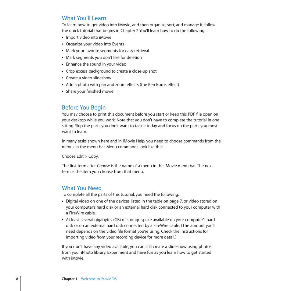 What you’ll learn, Before you begin, What you need | Apple iMovie '08 User Manual | Page 8 / 50