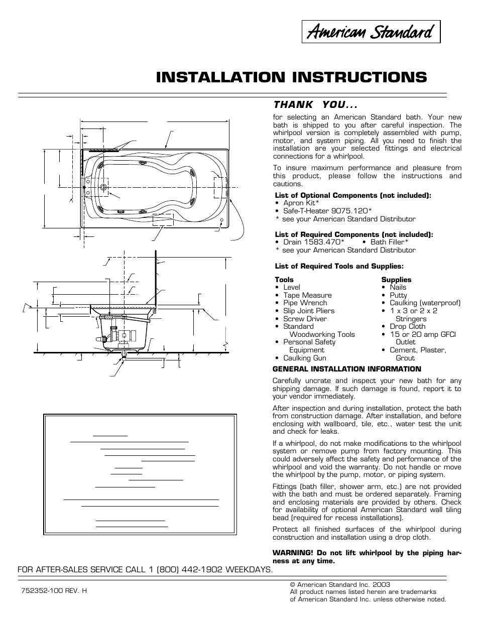 American Standard 2703.XXXW Series User Manual | 4 pages