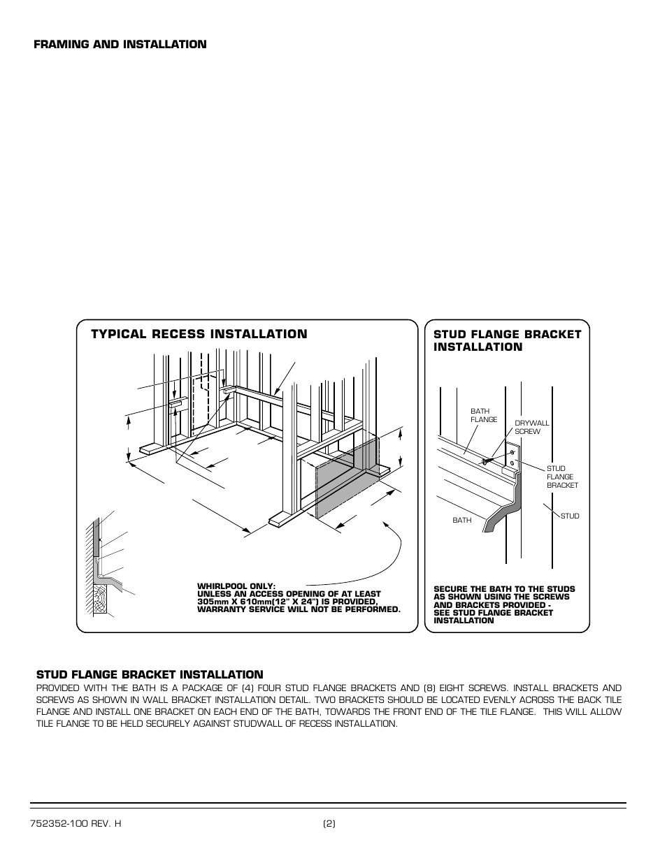 Typical recess installation, Stud flange bracket installation, Framing and installation | American Standard 2703.XXXW Series User Manual | Page 2 / 4