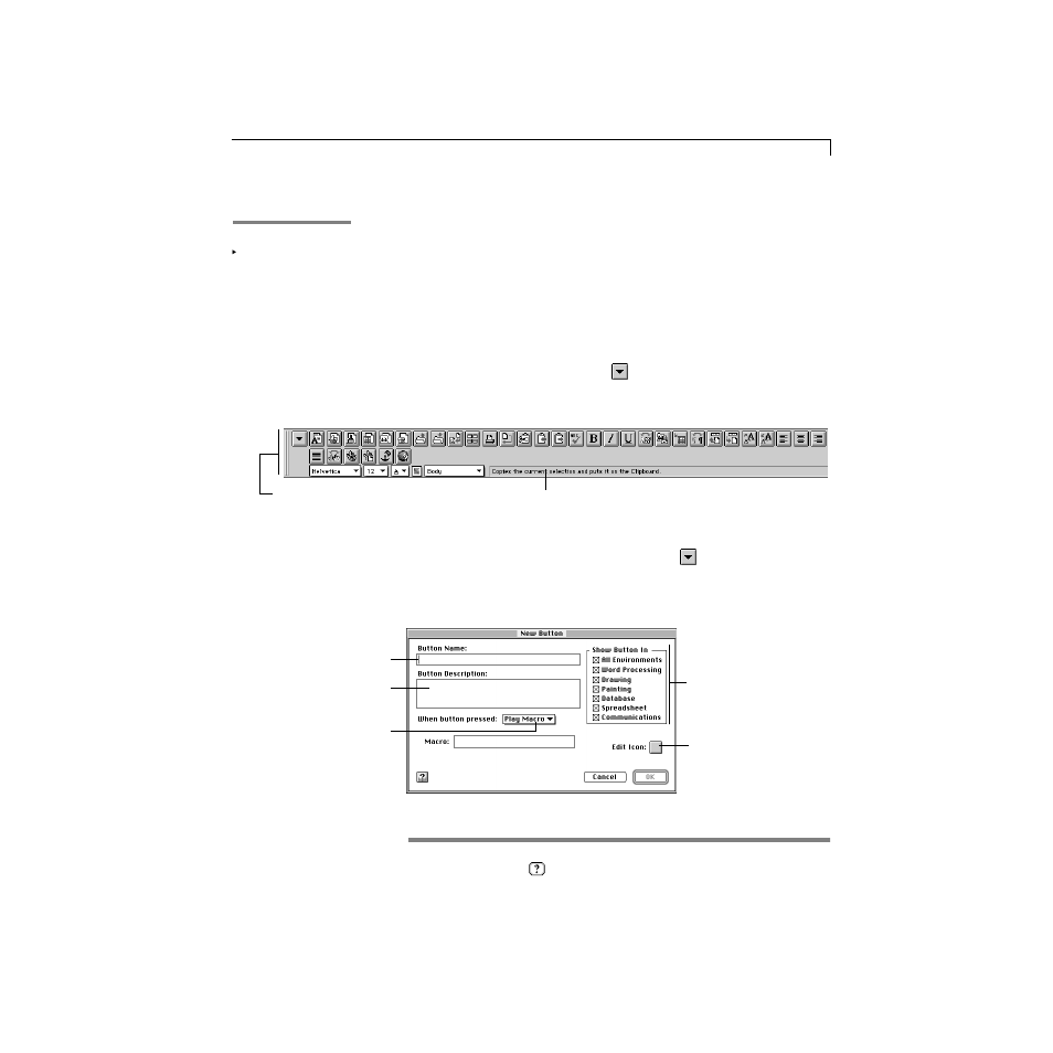 Creating and editing custom buttons | Apple AppleWorks 5 : Mac OS User Manual | Page 257 / 293