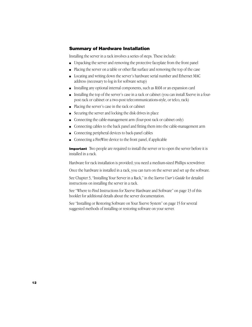 Summary of hardware installation | Apple Xserve (Cluster Node) User Manual | Page 12 / 20
