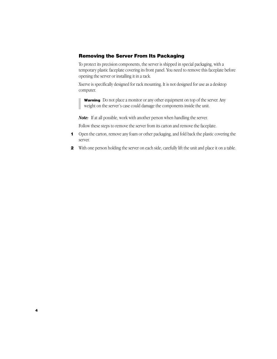 Removing the server from its packaging | Apple Xserve (Cluster Node) User Manual | Page 4 / 20