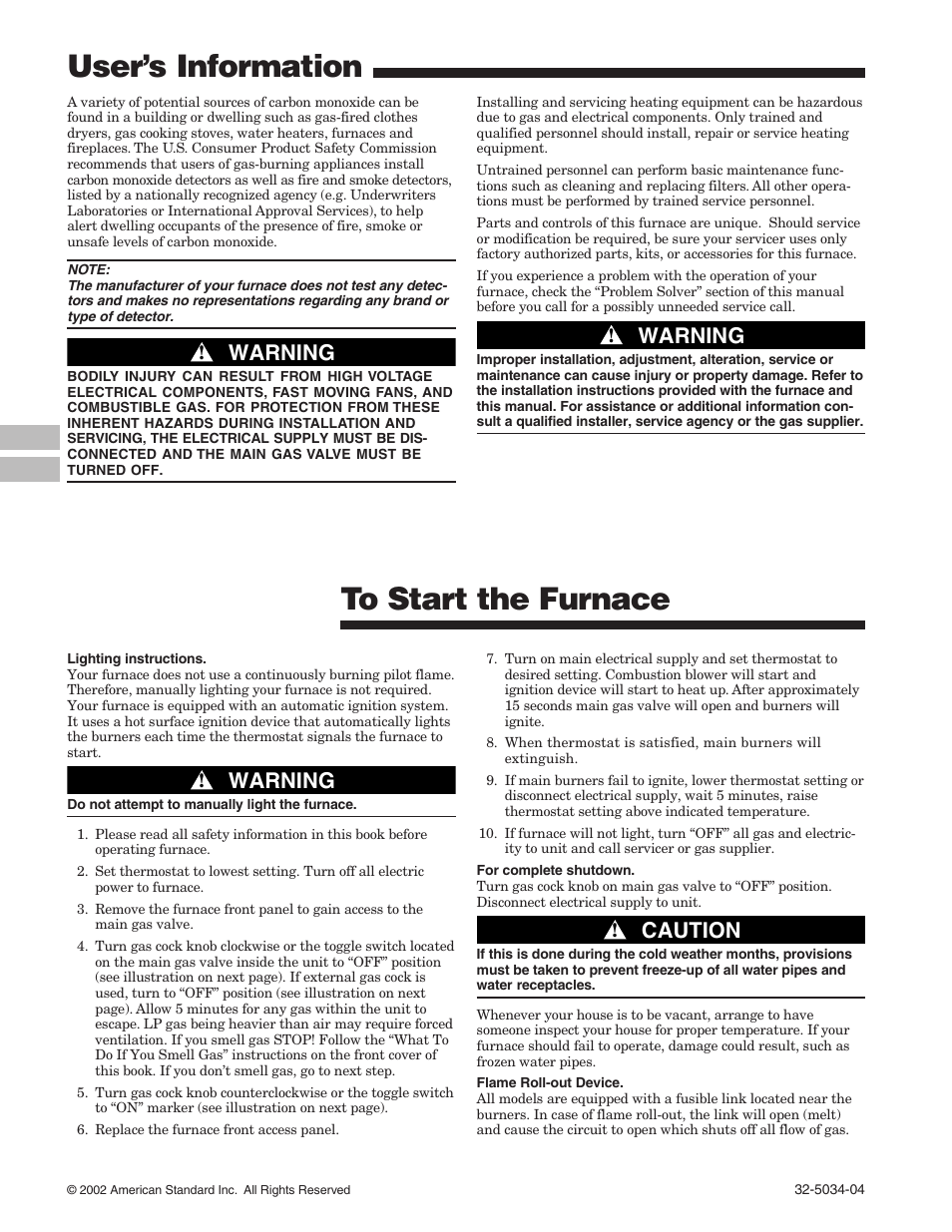 To start the furnace, User’s information, Warning | Caution | American Standard Gas Furnaces User Manual | Page 2 / 12