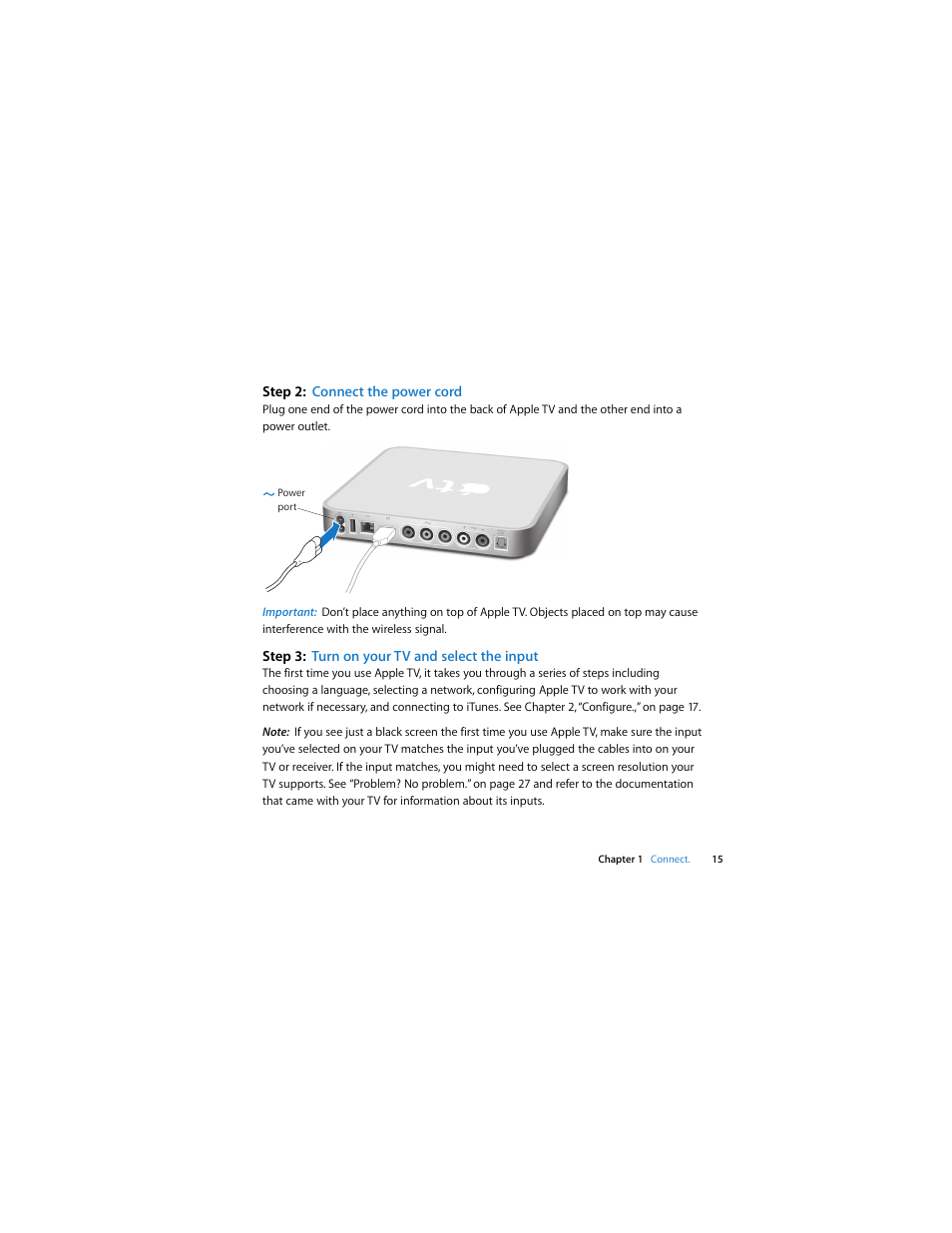 Step 2:connect the power cord, Step 3:turn on your tv and select the input, Step 2 | Connect the power cord, Step 3, Turn on your tv and select the input | Apple TV (1st generation) User Manual | Page 15 / 40