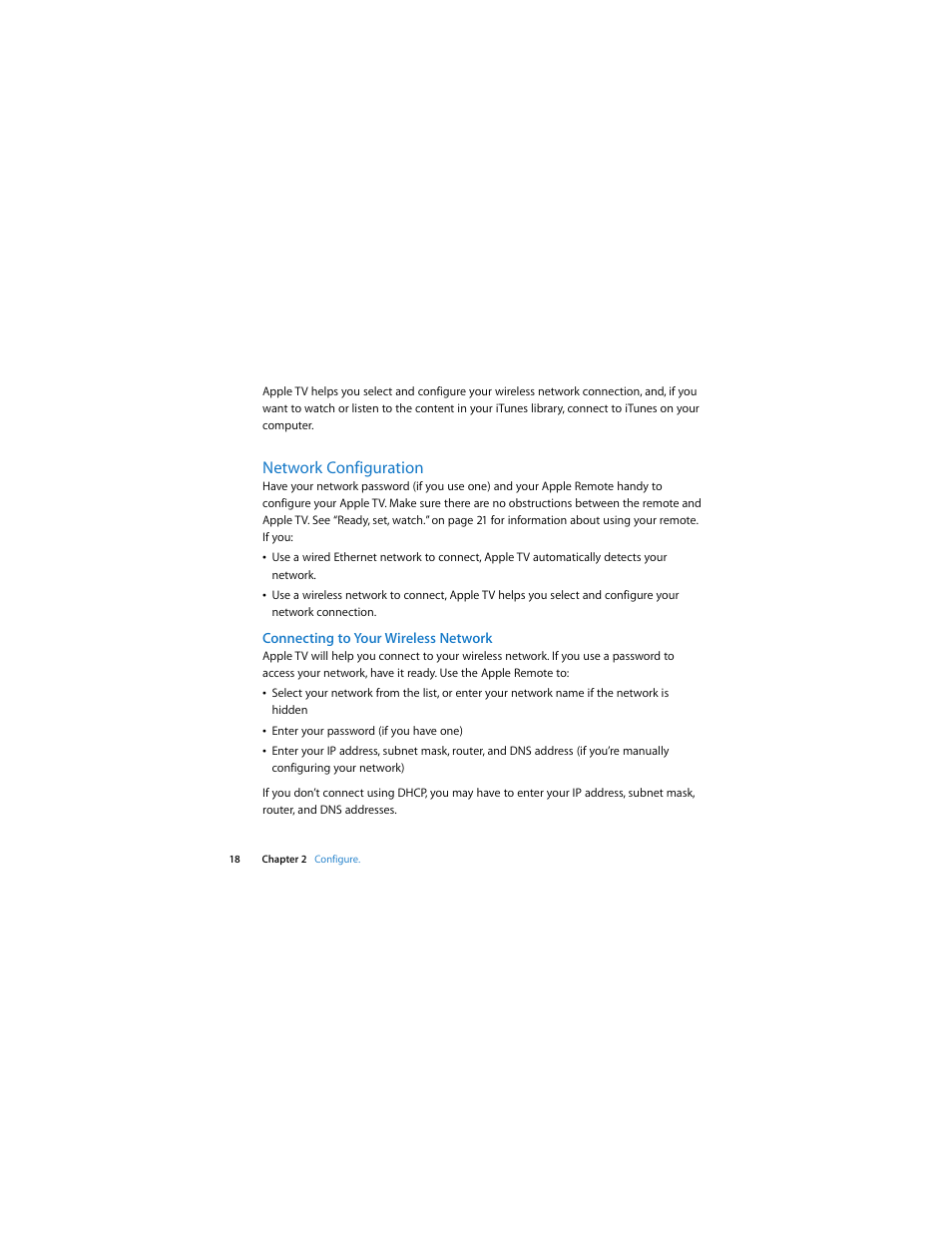 Network configuration, Connecting to your wireless network | Apple TV (1st generation) User Manual | Page 18 / 40