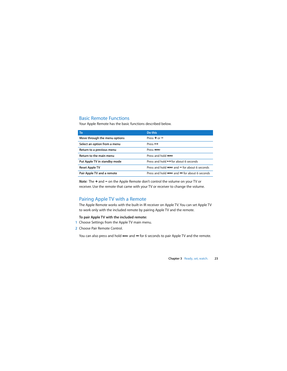 Basic remote functions, Pairing apple tv with a remote | Apple TV (1st generation) User Manual | Page 23 / 40