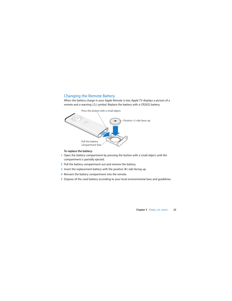 Changing the remote battery | Apple TV (1st generation) User Manual | Page 25 / 40