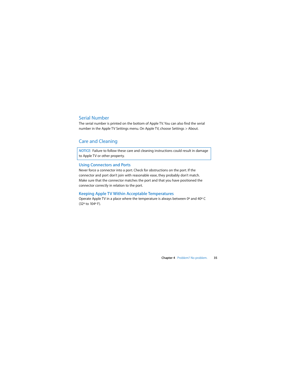 Serial number, Care and cleaning, Using connectors and ports | Keeping apple tv within acceptable temperatures | Apple TV (1st generation) User Manual | Page 35 / 40