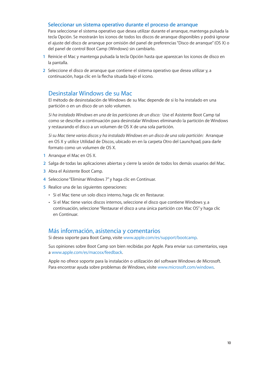 Desinstalar windows de su mac, Más información, asistencia y comentarios | Apple Boot Camp (Mountain Lion) User Manual | Page 10 / 11