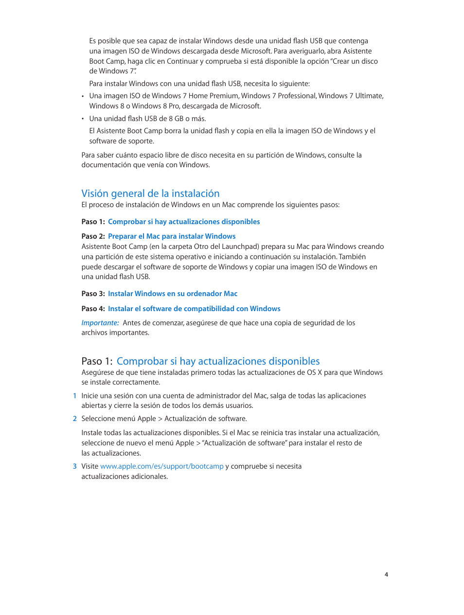 Visión general de la instalación, Paso 2: preparar el mac para instalar windows, Paso 3: instalar windows en su ordenador mac | Apple Boot Camp (Mountain Lion) User Manual | Page 4 / 11