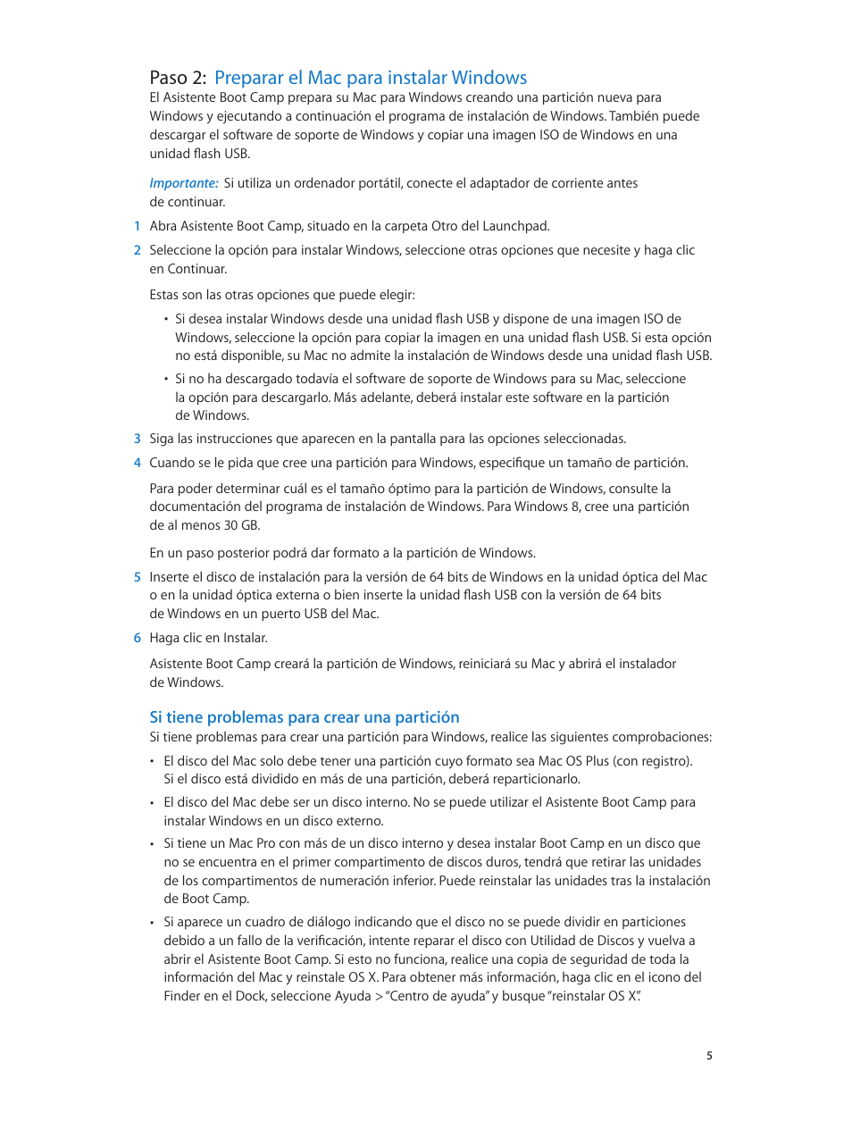 Paso 2: preparar el mac para instalar windows, Si tiene problemas para crear una partición | Apple Boot Camp (Mountain Lion) User Manual | Page 5 / 11